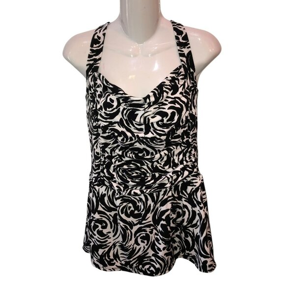 Catalina Womens 1X Black White Ruched Wide Strap Tank Swim Dress Swimsuit - Picture 1 of 9